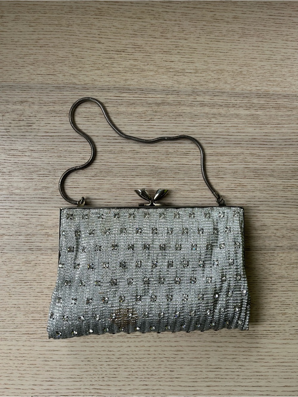 Silver Beaded Evening Clutch with Chain Strap
